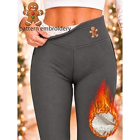 Women's Christmas Embroidered Fleece Pants Tights Leggings Vacation Fashion Basic Full Length High Waist Solid Color Plain Thermal Warm Soft Breathable Stretch