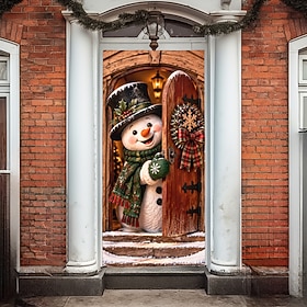 Christmas Front Door Cover, 3D Optical Illusion Snowman Peeking Through Door with Christmas Wreath, Winter Holiday Door Banner, Outdoor Porch Entryway Decorati