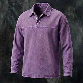 DenimTone™ Men's Denim Polo Casual Vacation Turndown Long Sleeve Fashion Leisure Solid Color Patchwork Classic Fall Winter All Seasons Regular Dark Green Purp