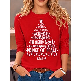 Christmas Women's T Shirt Print Graphic Letter Vintage Fashion Stylish Long Sleeve Crew Neck Regular Tops Casual Daily Weekend Blue Black Red Spring Fall Winte