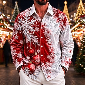 Christmas Men's Christmas Bell Snowflake Button Up Shirt Casual Dress Shirt Long Sleeve Fashion Casual Vacation Dailywear Summer Spring Fall Turndown Velvet Bl