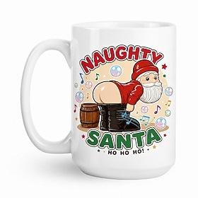 Funny Santa Christmas Mug, 15oz Ceramic Coffee Cup, Cheeky Santa Claus Holiday Gift for Men, Women, Friends and Coworkers, Christmas Party Drinkware, Festive X
