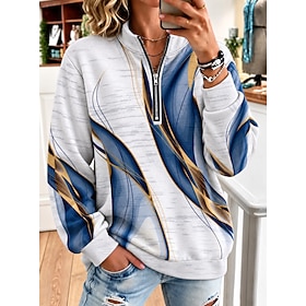 Women's Pullover Sweatshirt Zipper Graphic Geometric Vintage Western Retro Long Sleeve High Neck Half Zip Regular Tops Casual Dailywear Holiday White Spring Fa