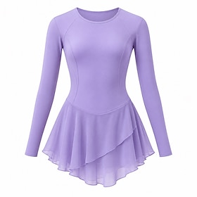 Figure Skating Dress Women's Ice Skating Dress Light Purple Patchwork Asymmetric Hem Stretchy Training Competition Skating Wear Classic Long Sleeve Ice Skating
