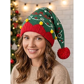 Women's Polyester Knit Christmas Pom Pom Hat, Matching Mommy and Me Holiday Beanie in Adult and Kids Sizes, Festive Family Winter Cap for Christmas Party, Phot