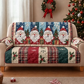 Christmas Quilted Sofa Cover, Santa Claus Patchwork Sofa Pad with Christmas Trees, Snowflakes and Holiday Patterns, Festive Couch Cover for Living Room Home De