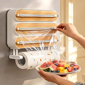 3-in-1 / 4-in-1 Plastic Wrap Dispenser with Cutter, Wall-Mounted Magnetic Aluminum Foil and Food Wrap Organizer, Wooden Kitchen Storage Box with Paper Towel Ho