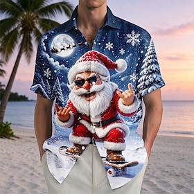 Christmas Men's Santa Claus Shirt Dress Shirt Button Up Shirt Short Sleeve Casual Daily Outdoor Vacation Summer Collared Shirts Button Up 3D Print Blue Blue 1#