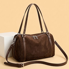 Borsa a tracolla da donna in pelle scamosciata, borsa a mano minimalista vintage di grande capacità nei colori marrone e kaki, elegante borsa a tracolla per tu