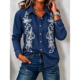 Women's Denim Blouse Embroidered Floral Elegant Bohemia Vacation Long Sleeve Shirt Collar Regular Tops Casual Daily Going out Sky Blue Dark Blue Spring Fall Wi