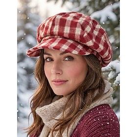 Women's Polyester Vintage Plaid Beret Hat, Classic Retro Newsboy Cap for Autumn Winter Casual Wear, Christmas Outfits, Travel, Commuting and Holiday Styling, M