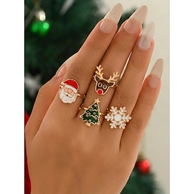 Women's Christmas Adjustable Open Rings, Gold Tone Alloy Enamel Rings with Santa Claus Reindeer Christmas Tree Snowflake Designs, Cute Festive Jewelry for Hol