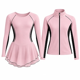 Figure Skating Dress with Jacket Women's Ice Skating Outfits Pink Patchwork Asymmetric Hem Stretchy Training Competition Skating Wear Classic Crystal / Rhinest