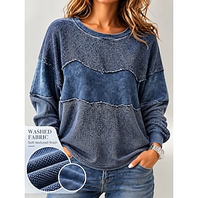 Women's Waffle Knit Tops Washed Cotton Texture Blouse Patchwork Color Block Plain Elegant Bohemia Vintage Long Sleeve Crew Neck Regular Tops Casual Daily Sport