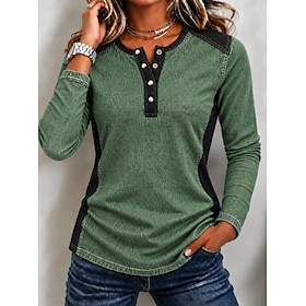 Women's Washed Cotton Denim Shirt Solid Color Color Block Bohemia Active Vacation Long Sleeve Hooded Polo Collar Regular Tops Casual Daily Holiday Blue Khaki G