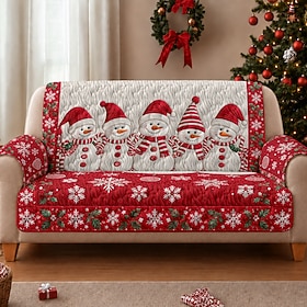 Christmas Quilted Sofa Cover, Snowman Pattern Sofa Pad, Red Holiday Couch Cover with Snowflakes and Christmas Tree Details for Living Room, Festive Winter Home