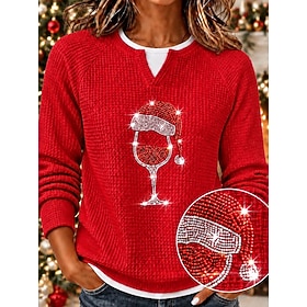 Christmas New Year Women's Waffle Polo Shirts Rhinestone Solid Color Graphic Letter Bohemia Active Vacation Long Sleeve Crew Neck High Neck Regular Tops Casual