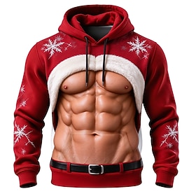 Christmas Men's Muscle Christmas Costume Hoodie Sweatshirt Exaggerated Casual Hooded Streetwear Club Blue Black Red Purple Green Drawstring Fall Winter Designe