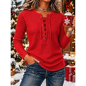 Christmas Women's Waffle Shirt Waffle Polo Shirts Bohemia Vintage Stylish Long Sleeve Polo Collar Long Tops Casual Daily Holiday White Red Winter Spring, Fall,