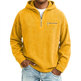 Men's T Shirt Corduroy Shirt Long Sleeve Hooded Half Zip Fall  Winter Fall Solid Color Traditional / Vintage Casual Raglan Sleeves Casual Home Outdoor Black Or