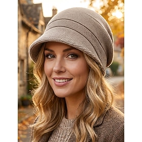 Women's Knit Brimmed Slouchy Beanie Hat, Soft Polyester Winter Visor Cap in Multiple Colors, Casual Warm Baggy Skull Cap for Daily Wear, Travel, Outdoor and Co