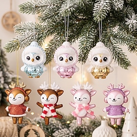 1pc Christmas Tree Ornament, Cute Animal Hanging Decoration with Glitter Finish, Christmas Owl Reindeer Pendant for Xmas Tree, Holiday Home Decor, Festive Gif
