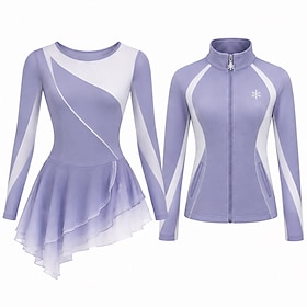 Figure Skating Dress with Jacket Women's Ice Skating Outfits Light Purple Patchwork Asymmetric Hem Stretchy Training Competition Skating Wear Classic Crystal /