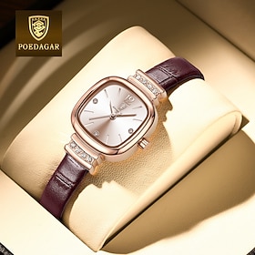 PODEAGAR Women's Quartz Watch, Elegant Square Dial Analog Wristwatch with Leather Strap, Rose Gold Tone Case, Crystal Accents, Classic Minimalist Dress Watch f