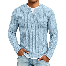 Men's T Shirt Fleece Shirt Bottoming Shirt Ribbed Knit tee Long Sleeve V Neck Fall Winter Spring Fall Solid Color Textured Warm Traditional / Vintage Casual 2