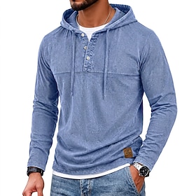 Men's 100% Cotton Acid Wash Shirt Tee Top Long Sleeve Hooded Henley Basic Fall Winter Spring Fall Plain Vintage Streetwear Casual Casual Home Street Light Blu