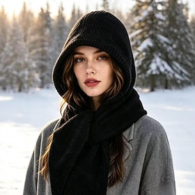 Women s Polyester Knit Hooded Scarf Cozy Winter Hood Hat with Neck Warmer, EarCovering Beanie Alternative, Soft Thick Pull-On Design for Outdoor Sports (Acces
