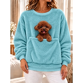 Women's Textured Pet Carrier Hoodie Fleece Pullover Sweatshirt Pocket Front Pocket Plain Warm Casual Funny Long Sleeve Crew Neck Regular Tops Blue Ash Black Pi