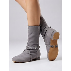 Women's Gray Dance Ankle Boots with Suede Sole – Round-Toe Dance Boots Feature Wraparound Eyelet-Trim Buckle Straps, Zipper Closure Low Heel for Dance Practi