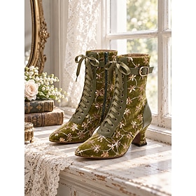 Women's Velvet Victorian Ankle Boots – Vintage Spool Heel Lace-Up Boots with Floral Sequin Buckle Strap Detail, Elegant Historical Footwear for Victorian Outf