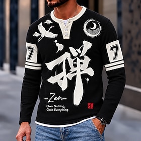 Men's Chinese character Waffle Henley Shirt Casual Style Classic Style Long Sleeve Fashion Designer Basic Casual Daily Outdoor Spring Fall Black Henley Henle