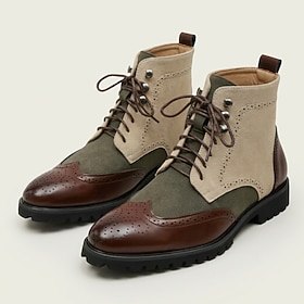 Men's Two-Tone Brogue Boots Lace-Up Ankle Boots with Perforated Toe and Contrast Panels, Vintage British Style for Office, Business Casual, Weddings and Everyd