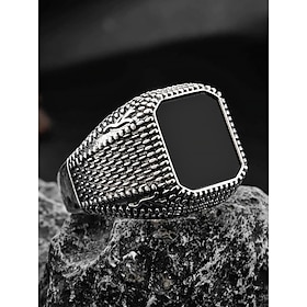 Men's Vintage Black Natural Stone Ring, Wide Copper Band with Textured Silver-Tone Finish, Rectangular Stone Statement Ring for Casual, Rock and Gothic Style,