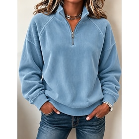 Women's Corduroy Tops Textured Pullover Sweatshirt Active Vintage Casual Long Sleeve Turtleneck Half Zip Lapel Regular Tops Casual Holiday Blue Coffee Grey Spr