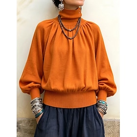 Women's Pullover Sweater Jumper Elegant Vacation Vintage Solid Color Turtleneck Cowl Knitted Lantern Sleeve Long Sleeve Long Tops Knit Daily Home Work Orange S