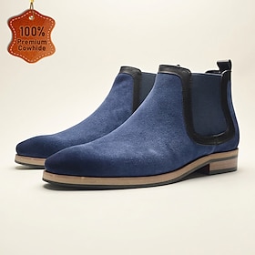 Men's Genuine Leather Blue Chelsea Boots Slip On Ankle Dress Boots Classic Minimalist Style Business Casual Shoes Vintage Fashion Footwear for Office Wedding P