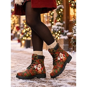Women's Christmas Lace-up Combat Boots – Festive Santa Claus Print Ankle Boots with Holiday Plaid Pattern, Cozy Fashion Boots for Snowy Streets, Holiday Partie