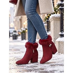 Women's Burgundy Faux Fur Trim Block Heel Boots with Side Zipper  Rhinestone Detail, Pointed Toe Fashion Winter Ankle Boots, Warm Snow Boots for Daily Wear, Ho
