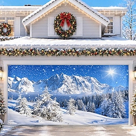 Christmas Garage Door Cover, Winter Snow Mountain Landscape Print Garage Door Banner, 3D Snowy Forest Holiday Backdrop for Outdoor Christmas Decorations and Se