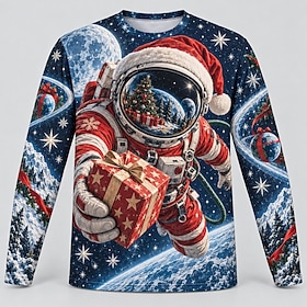 Christmas Men's Santa Claus T Shirt Long Sleeve T shirt 3D Print Crew Neck Shirt Fashion Daily Casual Casual Daily Blue Summer Spring Fall Clothing Apparel S M