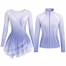 Figure Skating Dress with Jacket Women's Ice Skating Outfits Light Purple Patchwork Asymmetric Hem Stretchy Training Competition Skating Wear Classic Crystal /