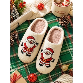 Women's Beige Christmas Santa Slippers – Plush Backless House Shoes Feature Santa Embroidery Fuzzy Linings for Holiday Lounging, Indoor Wear Seasonal Gifting