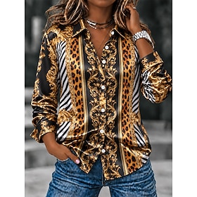 Women's Stain Shirt Buttons Print Graphic Geometric Color Block Elegant Vintage Daily Long Sleeve Shirt Collar Regular Tops Casual Daily Work Yellow Purple Ora