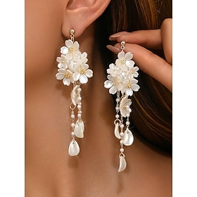 Women's Alloy Resin Flower Tassel Earrings Lightweight Elegant Floral Drop Earrings with Pearl Details Vintage Fashion Jewelry for Wedding Evening Party Date N