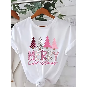 Christmas Women's Summer Tops Print Graphic Christmas Tree Letter Daily Basic Fashion Stylish Short Sleeve Crew Neck Regular Tops Casual White Summer Spring Wi