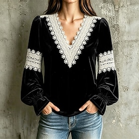 Women's Lace Shirt Velvet Blouse Patchwork Stylish Basic Long Sleeve Ruffle Sleeve V Neck Regular Tops Casual Streetwear Work Black Pink Wine Army Green Navy B